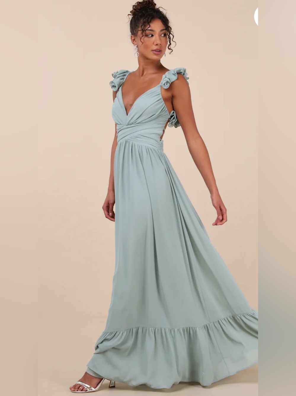 Lulus Sage Green Ruffle Lace-Up Back Maxi Dress NWT Medium - Picture 3 of 9